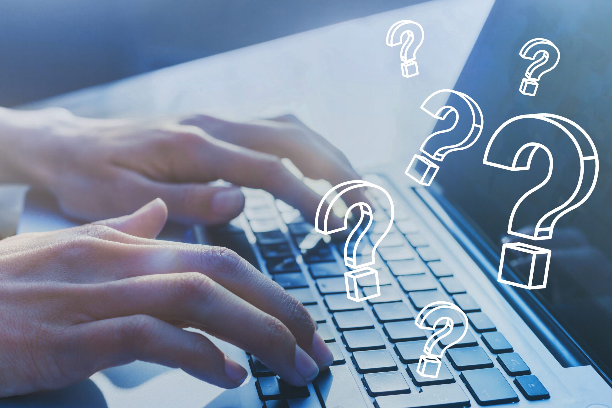 FAQ ask quiestion online what where when how and why search i Hands typing on a laptop keyboard with white question marks floating over the keys, signaling questions or uncertainty in tech.