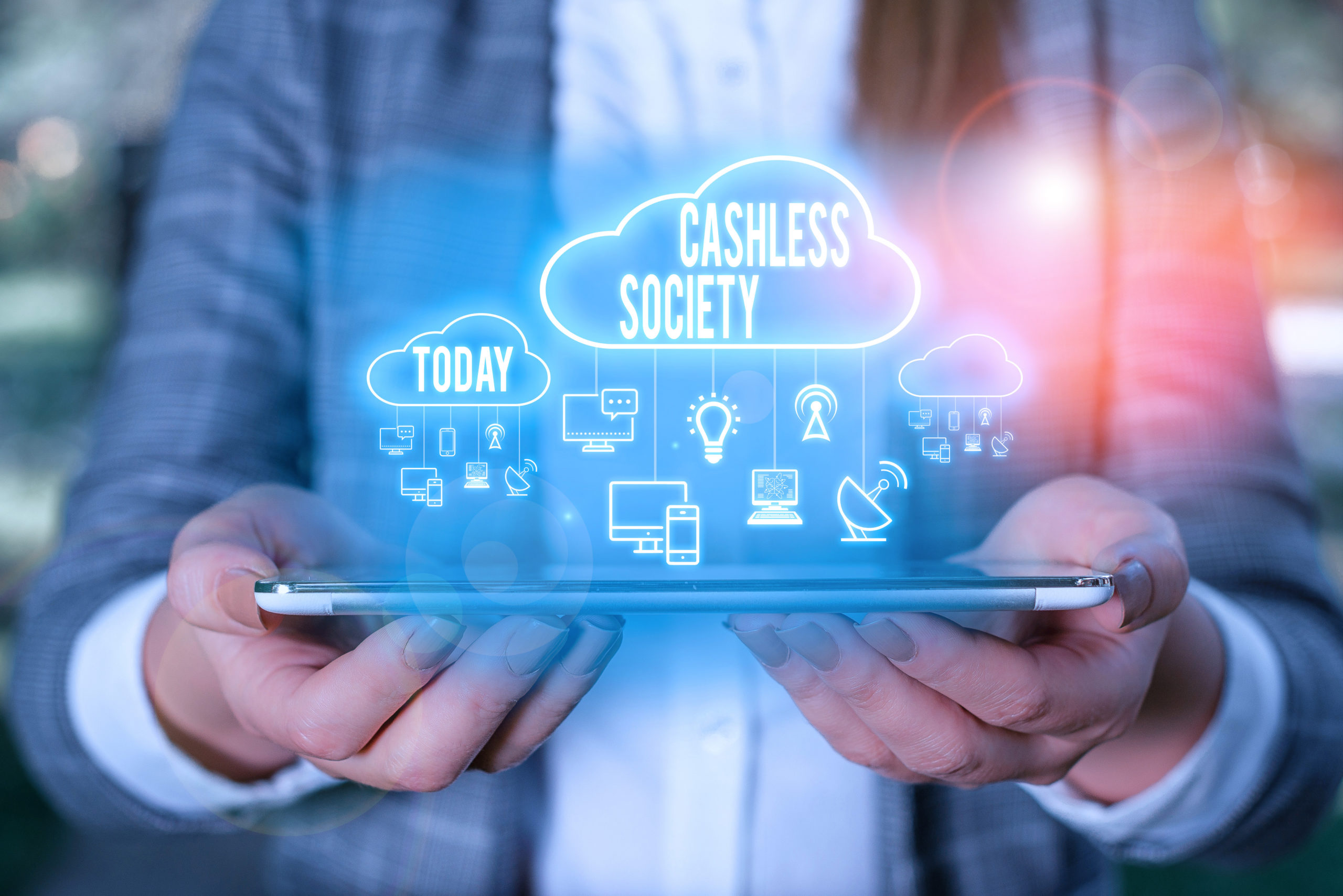 Handwriting text writing Cashless Society. Concept meaning financial transactions are executed in electronic format.