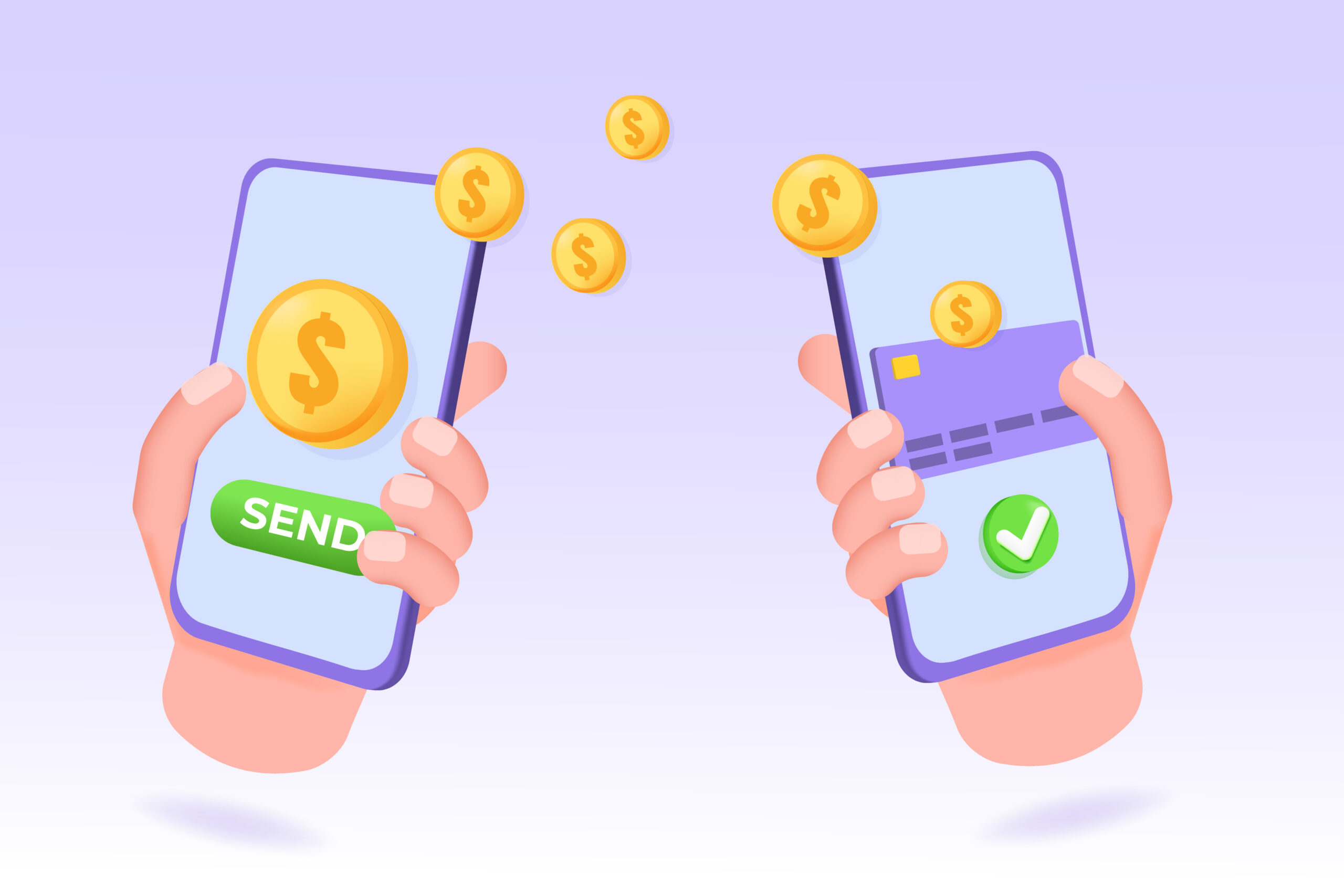 3d realistic Fast money transaction, budget estimate, time is money, concept. Financial services, quick loan approval, cash transfer, online payment. Vector illustration. real-time payment between phones