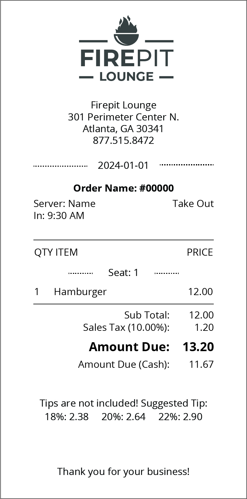 Receipt from Firepit Lounge showing order #00000, one Hamburger, price 12.00, tax 1.20, total due 13.20 (cash 11.67). Includes tips suggestions.