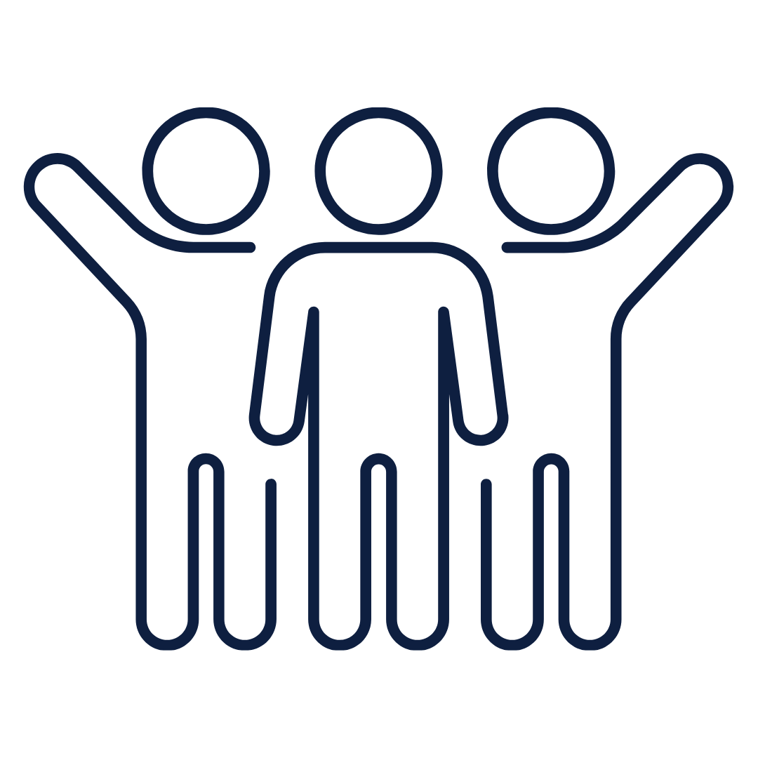 Group of three stick-figure people standing together, arms raised in celebration.