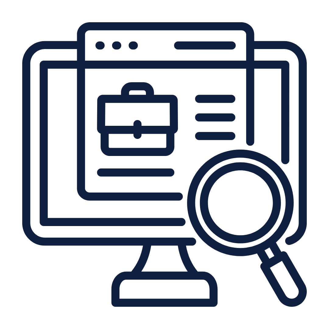 Monitor with a document on screen and a magnifying glass highlighting search or analysis of data (data review tool)