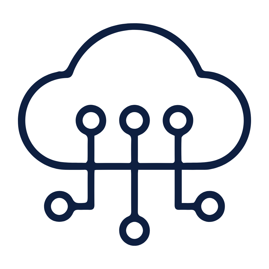 Cloud computing icon: a cloud with three vertical connection lines to circular nodes, representing a network