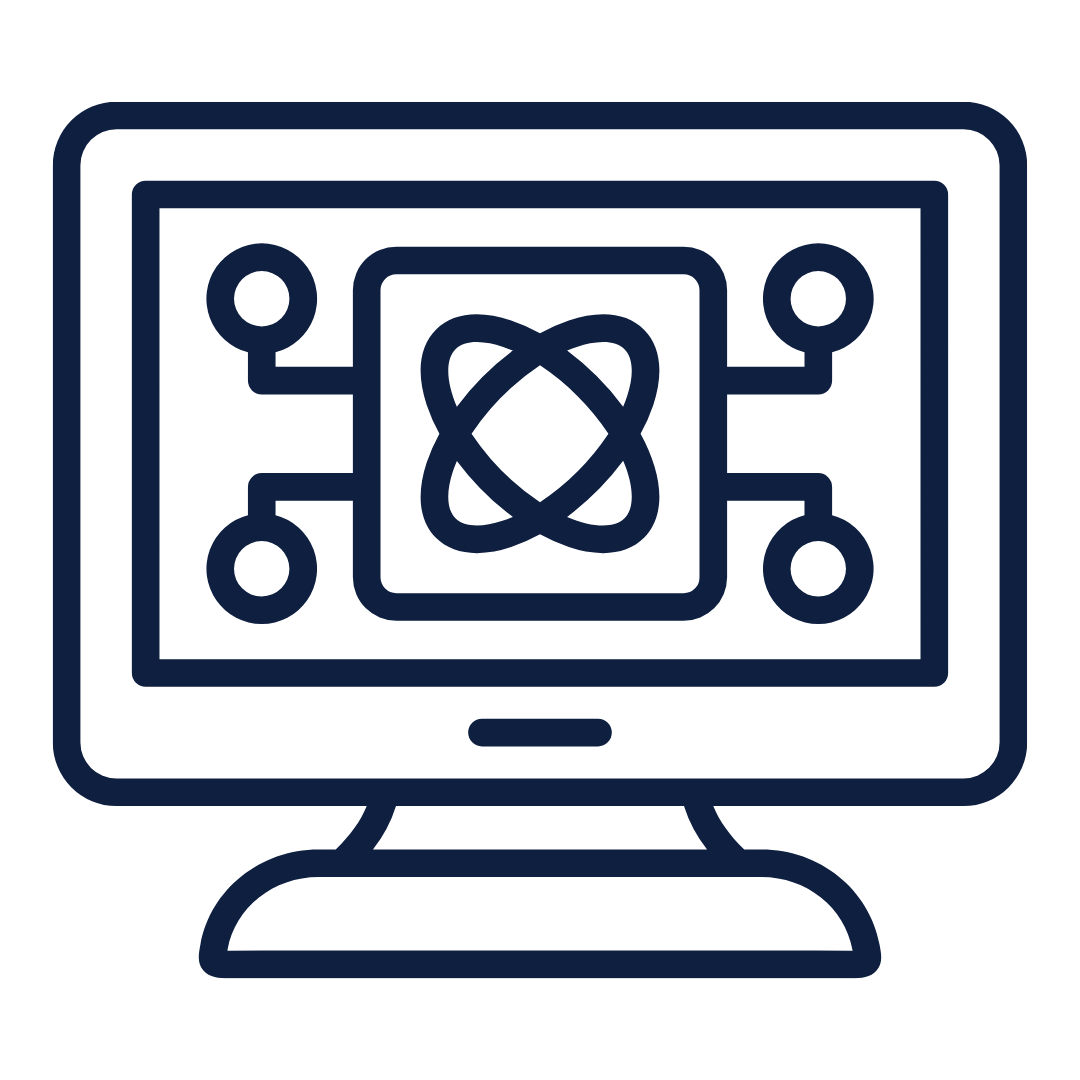 Desktop monitor icon displaying a React logo encircled by circuit-like lines, symbolizing React on a computer screen.