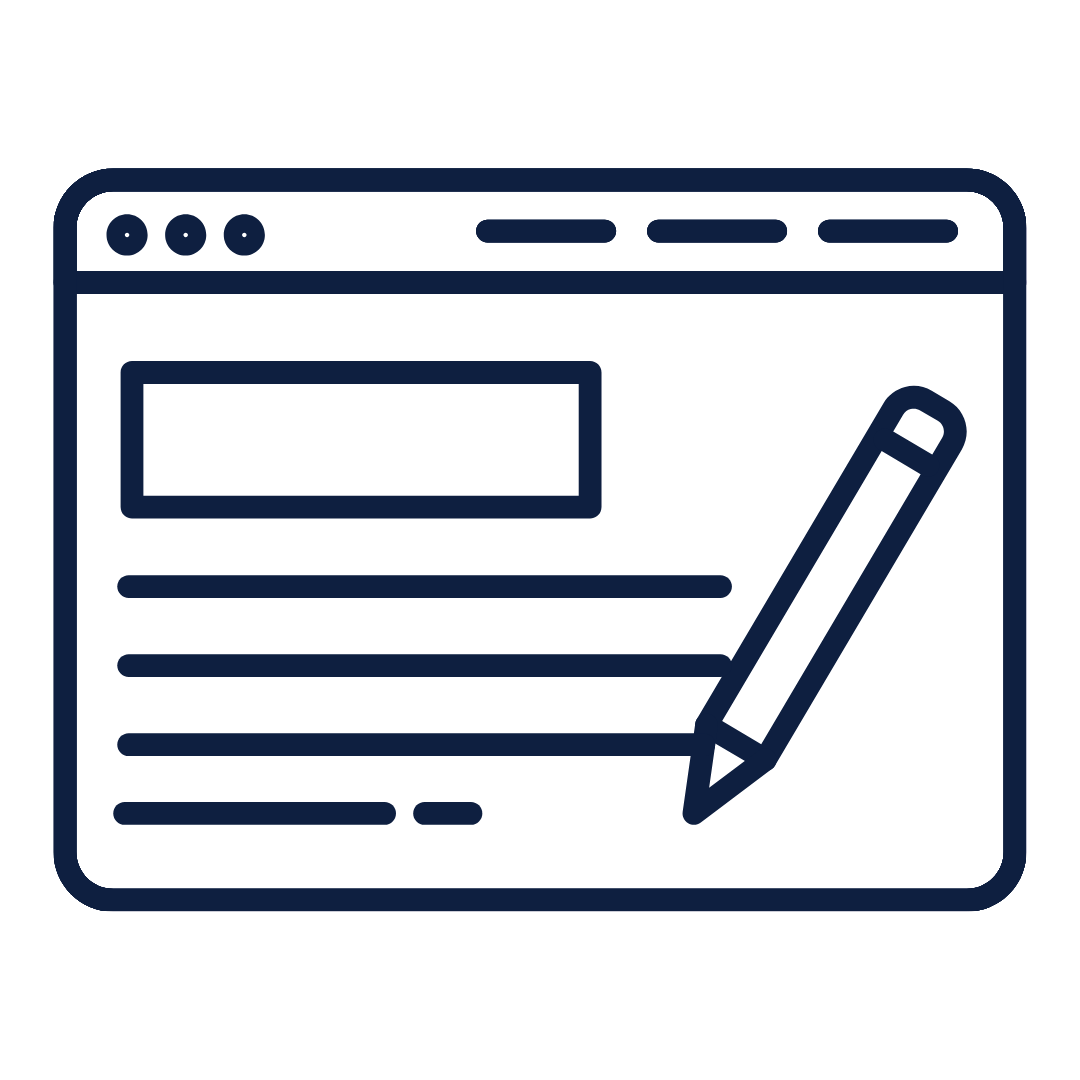 Browser window displaying a form layout with a large pencil indicating editing or filling out fields
