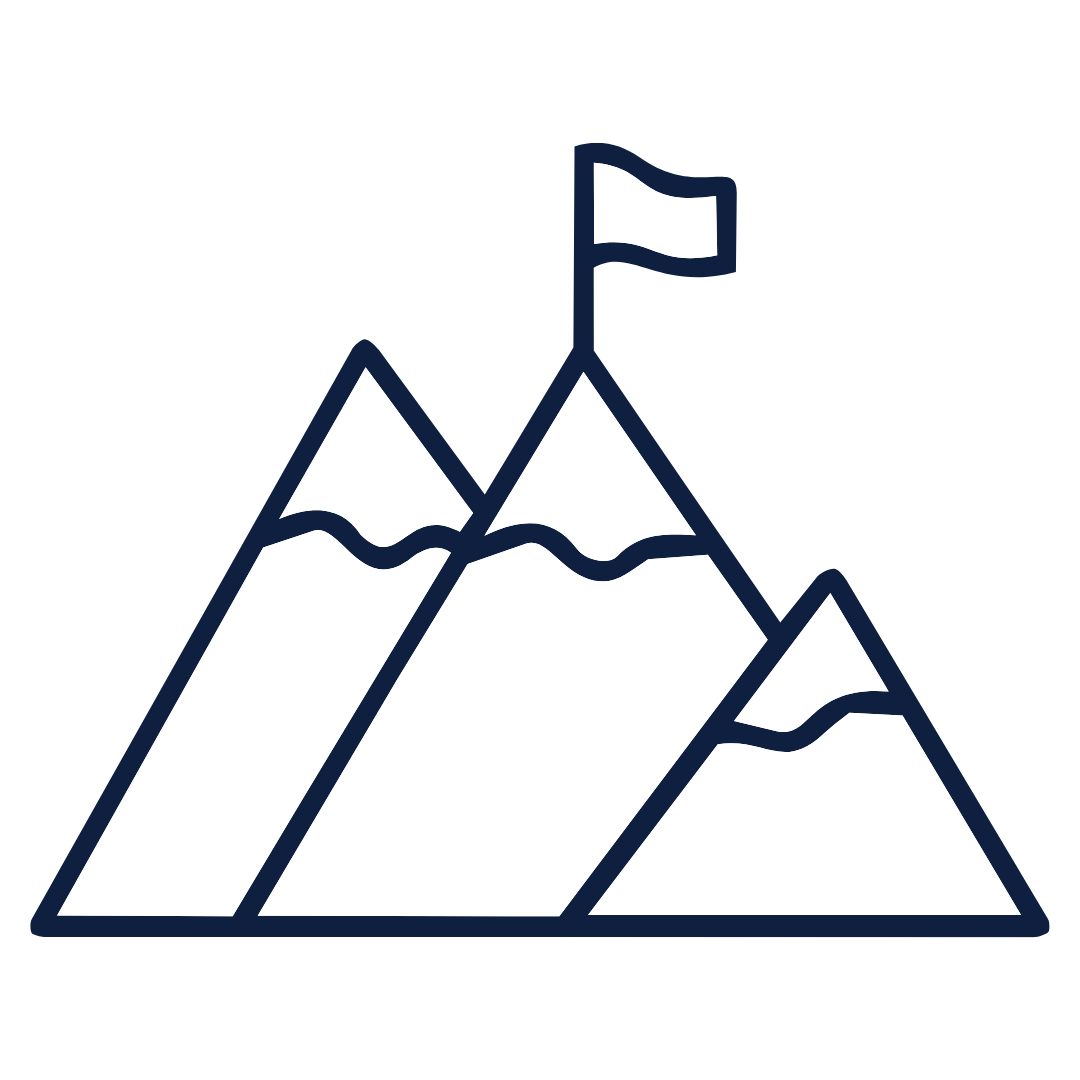 Icon of three mountain peaks with a flag on the central summit, simplified illustration in white and navy.