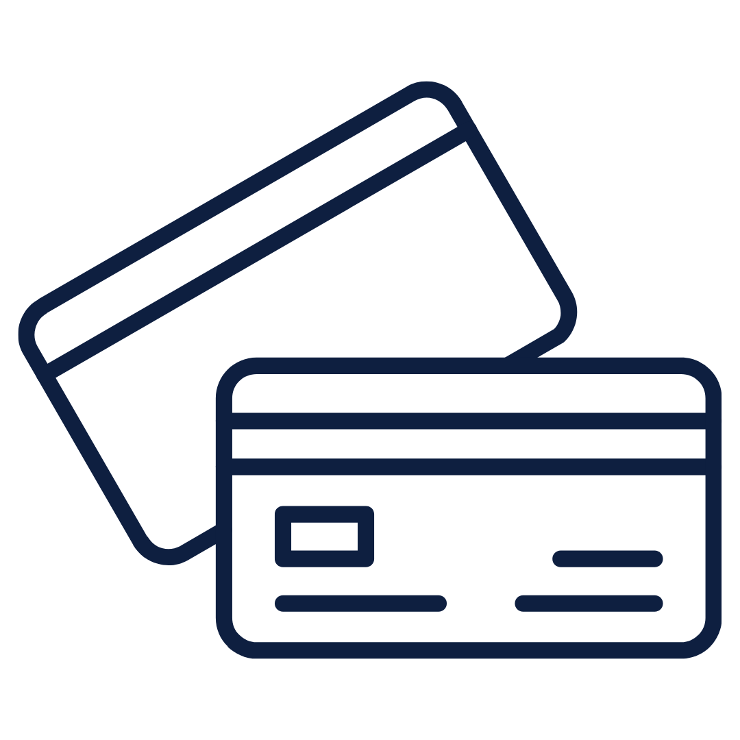 Two overlapping credit cards icon, navy outline, representing payment cards.