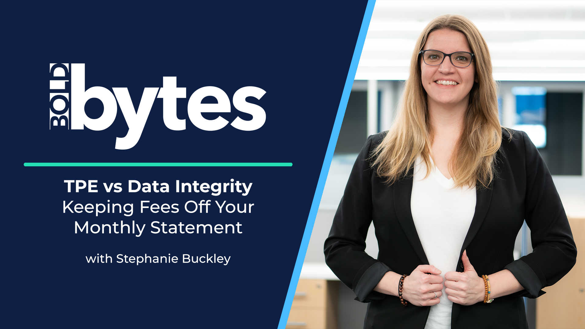Cover banner for 'TPE vs Data Integrity' episode with Stephanie Buckley; navy left panel with bold white text and a smiling woman in a blazer on the right